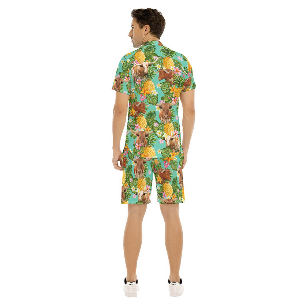 Set Tropical Pineapple Texas Longhorn Cow Hawaiian Shirt And Matching Shorts For Men