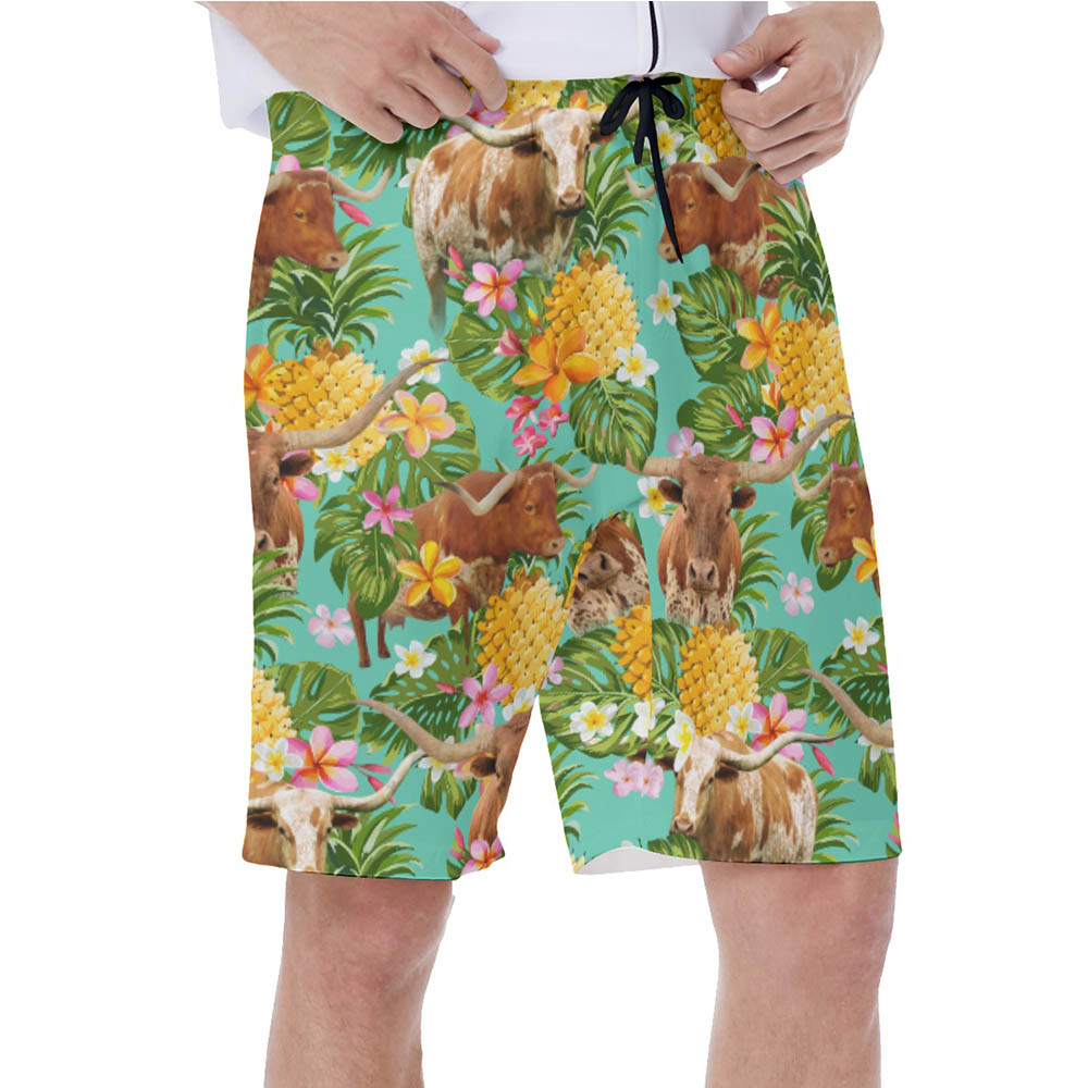 Tropical Pineapple Longhorn Texas Cow Hawaiian Swim Trunks For Men