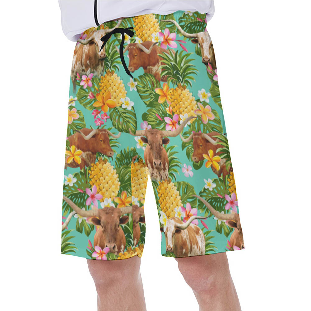Tropical Pineapple Longhorn Texas Cow Hawaiian Swim Trunks For Men