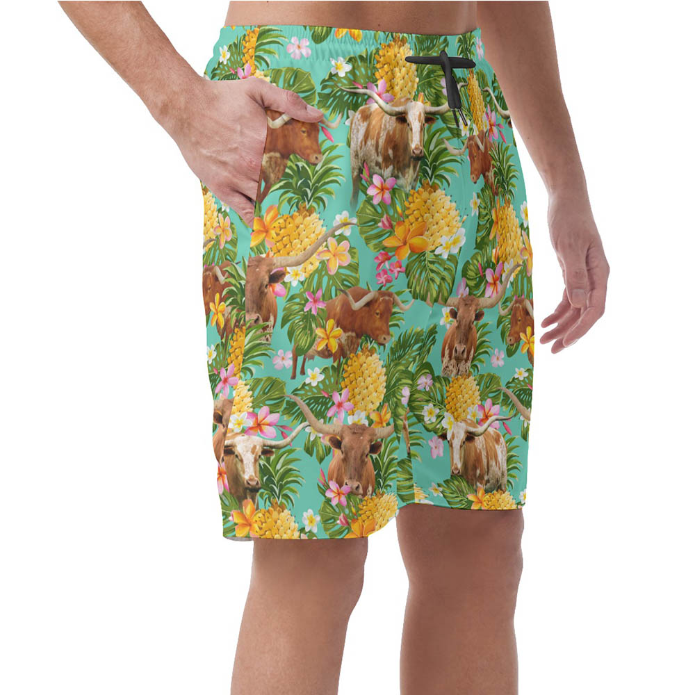 Tropical Pineapple Longhorn Cow Hawaiian Beach Shorts For Men