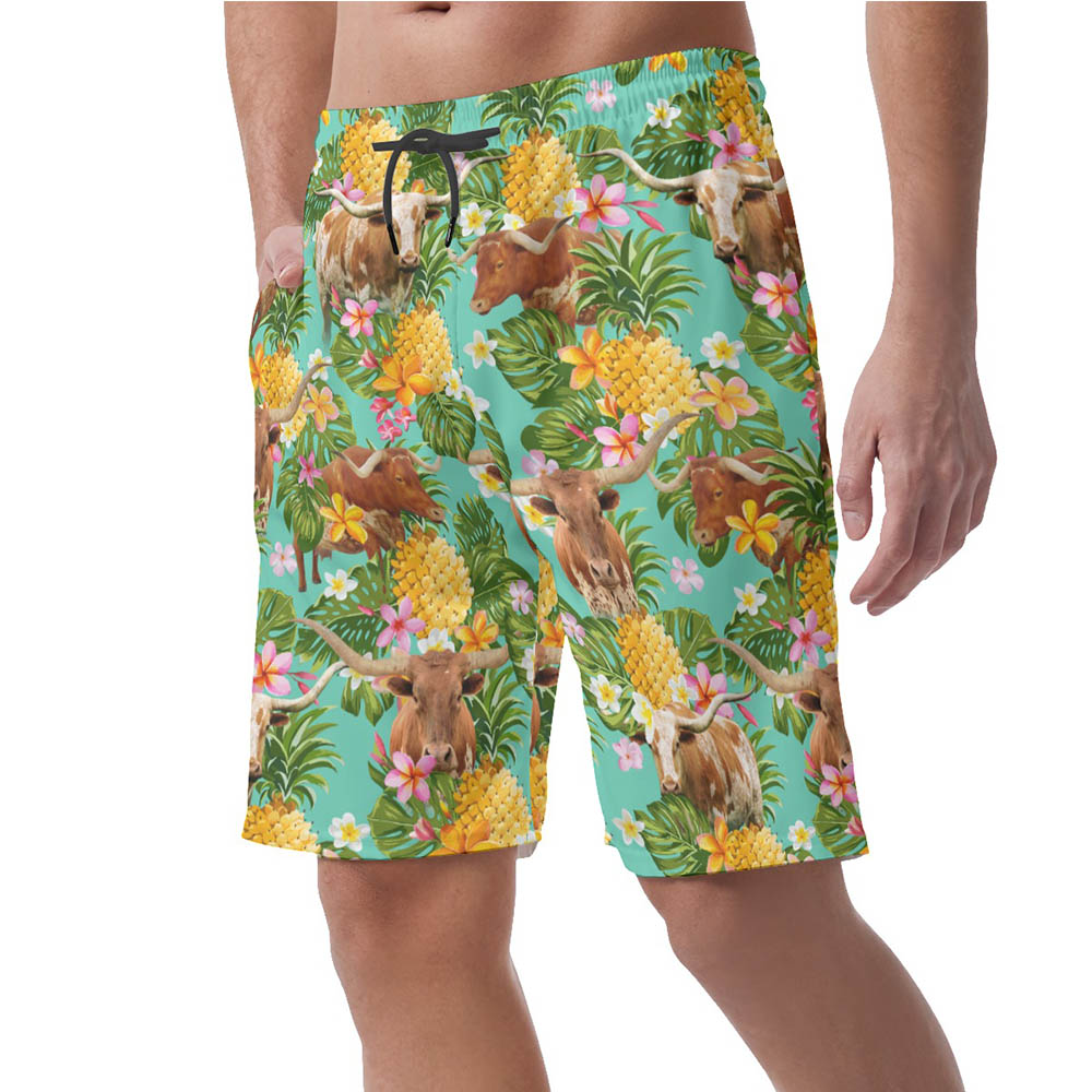 Tropical Pineapple Longhorn Cow Hawaiian Beach Shorts For Men