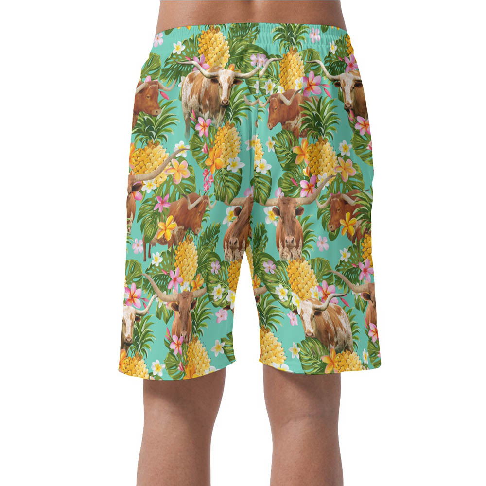 Tropical Pineapple Longhorn Cow Hawaiian Beach Shorts For Men