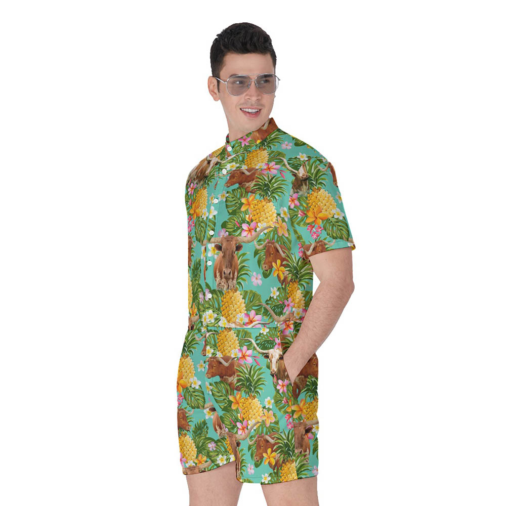 Tropical Pineapple Texas Longhorn Cow Hawaiian Romper For Men