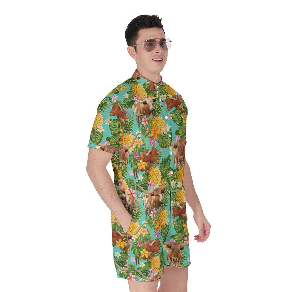 Tropical Pineapple Texas Longhorn Cow Hawaiian Romper For Men