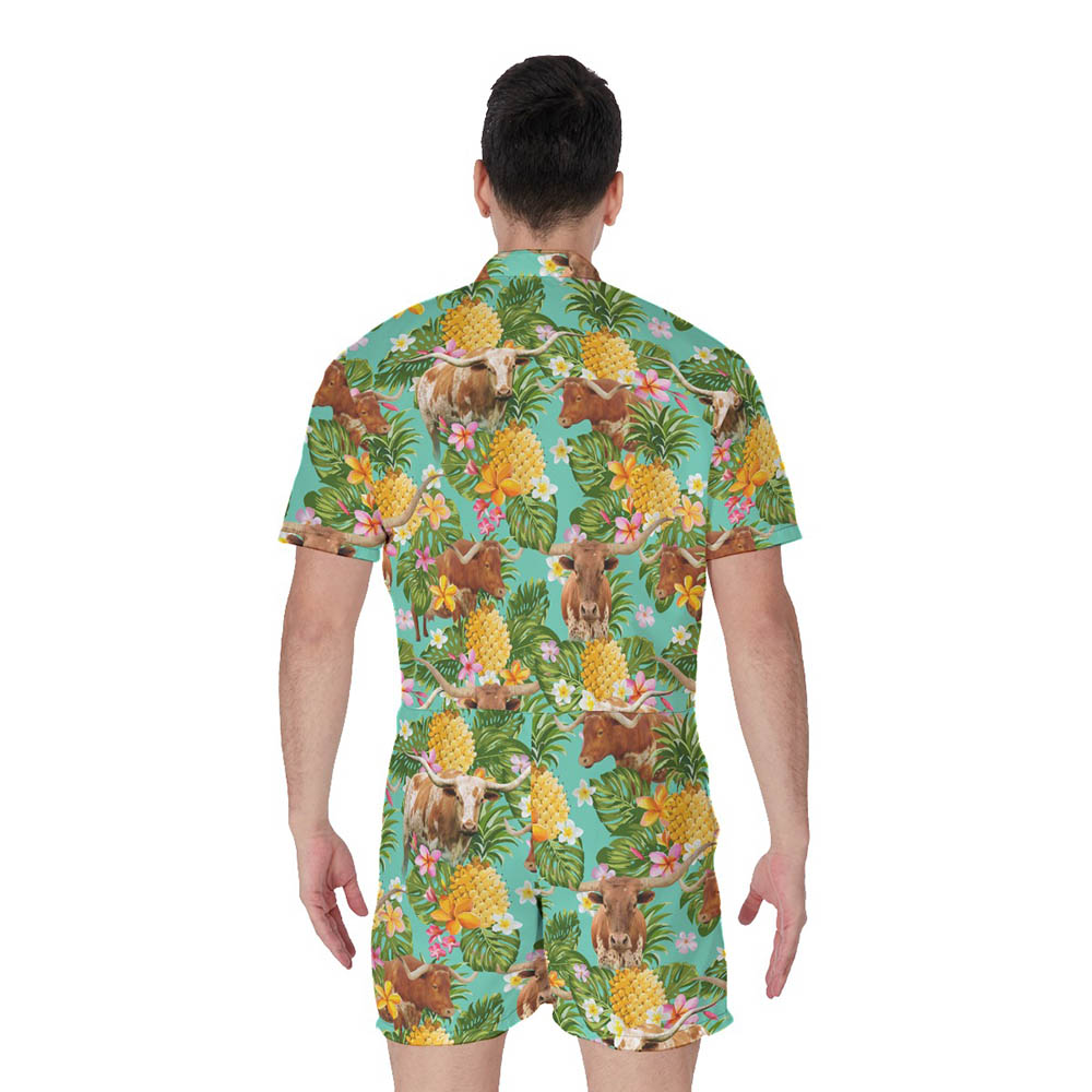 Tropical Pineapple Texas Longhorn Cow Hawaiian Romper For Men