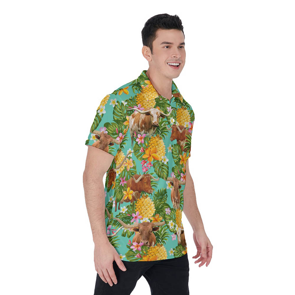 Funny Longhorn Cow Tropical Pineapple Hawaiian Polo Shirt