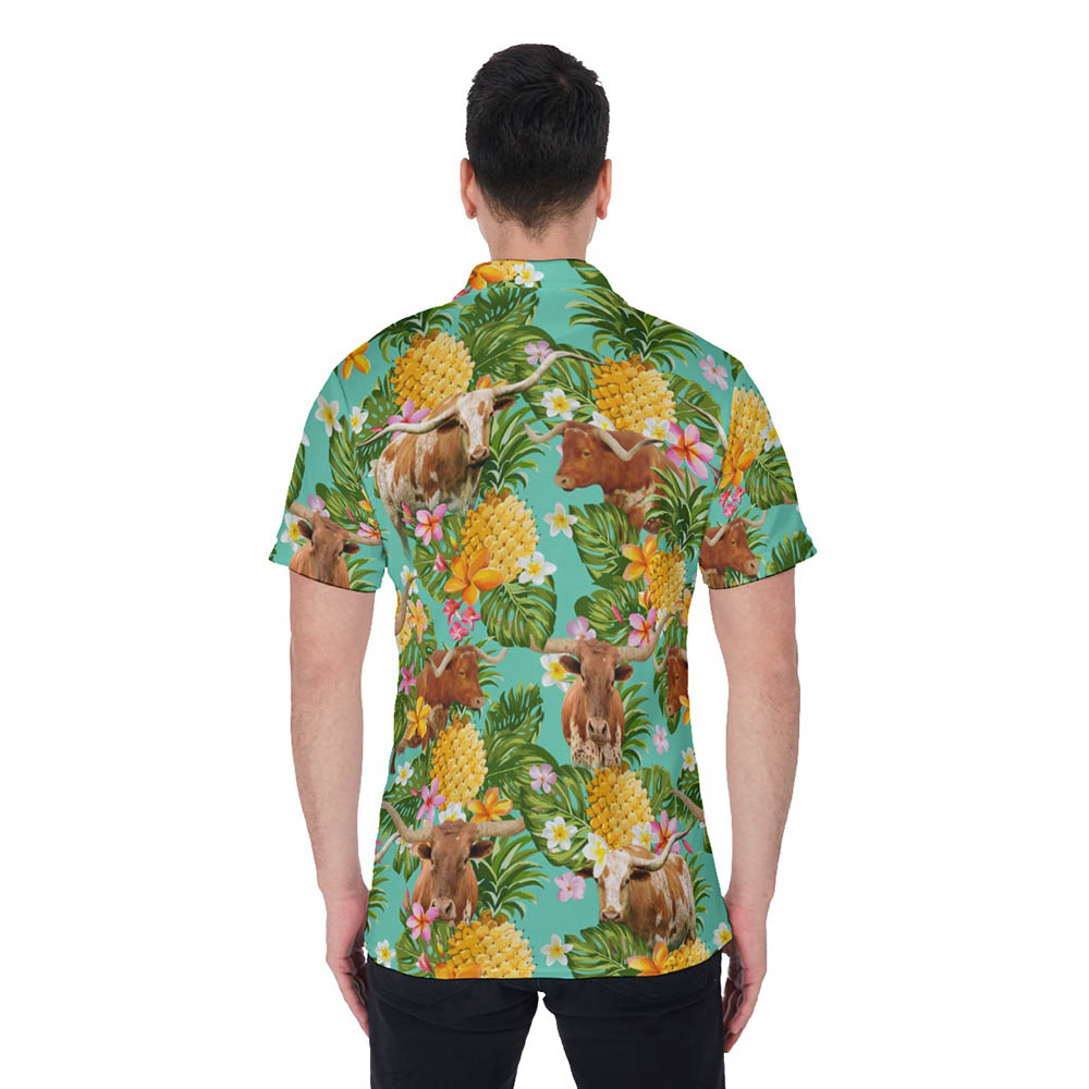 Funny Longhorn Cow Tropical Pineapple Hawaiian Polo Shirt