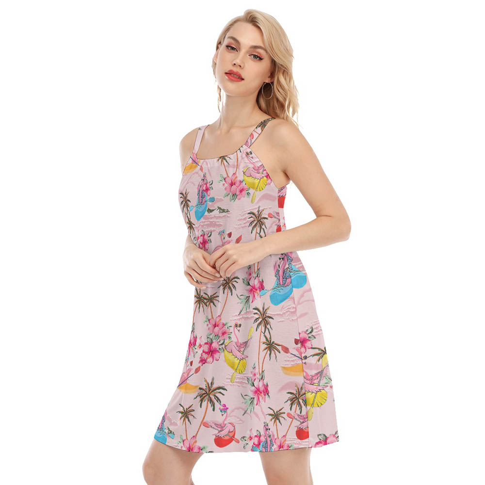 Tropical Hibiscus Flamingo Kayaking Hawaiian Cami Dress For Women