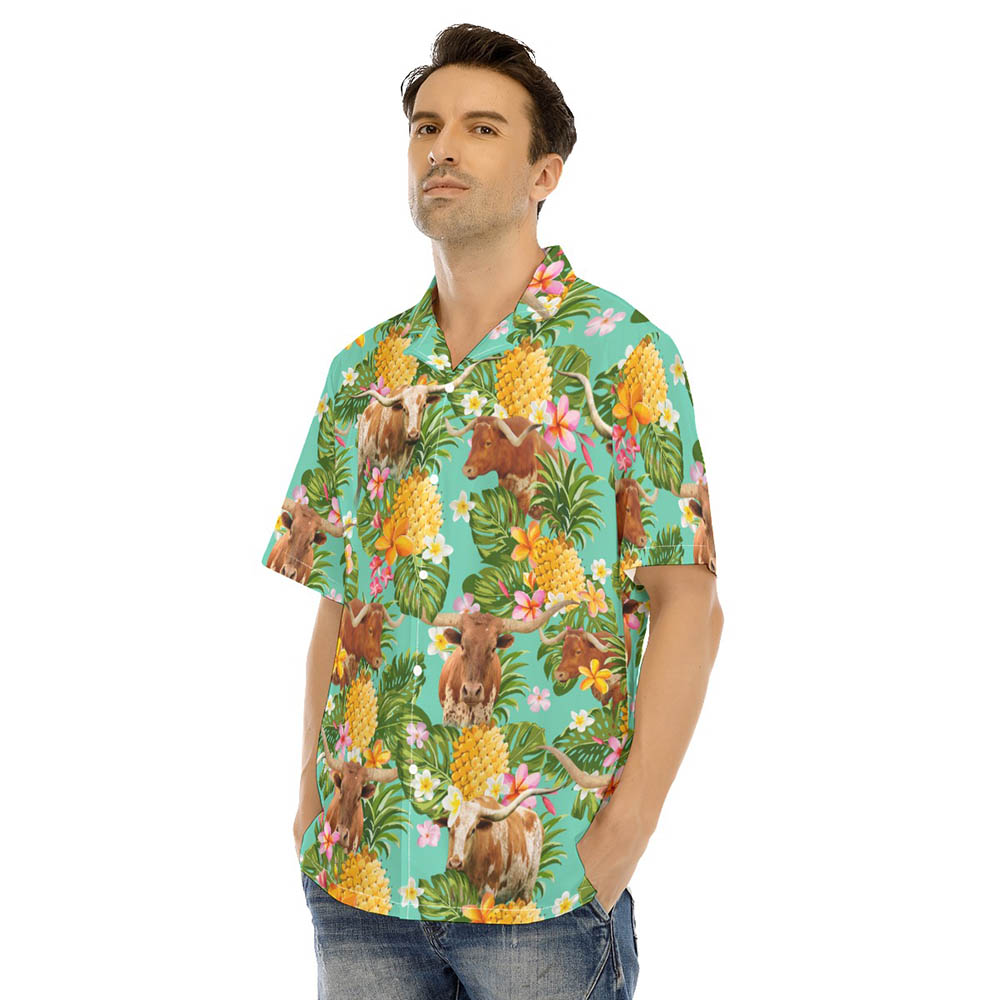 Tropical Pineapple Longhorn Cow Aloha Shirt