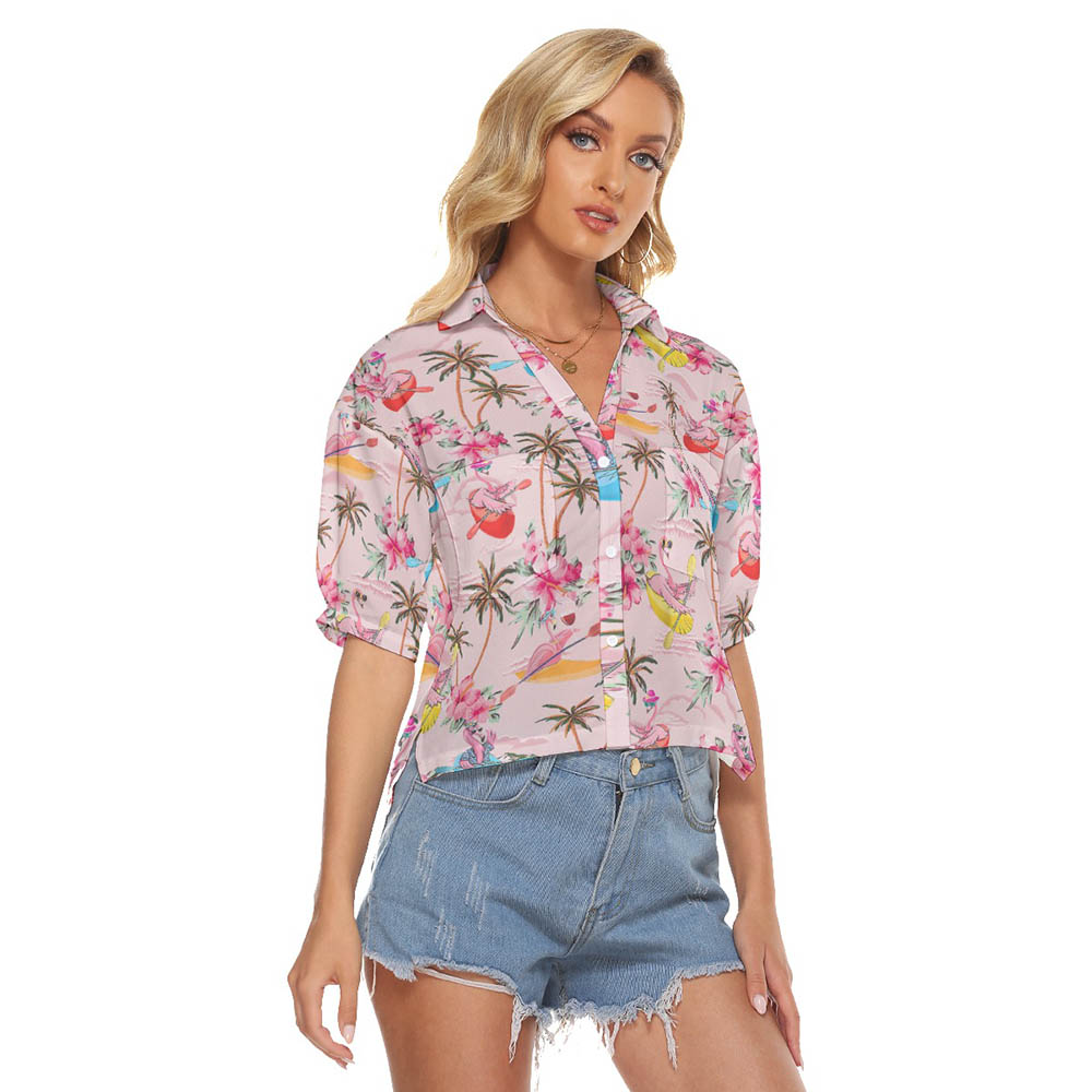 Tropical Hibiscus Flamingo Kayaking Aloha Crop Top Shirt For Women