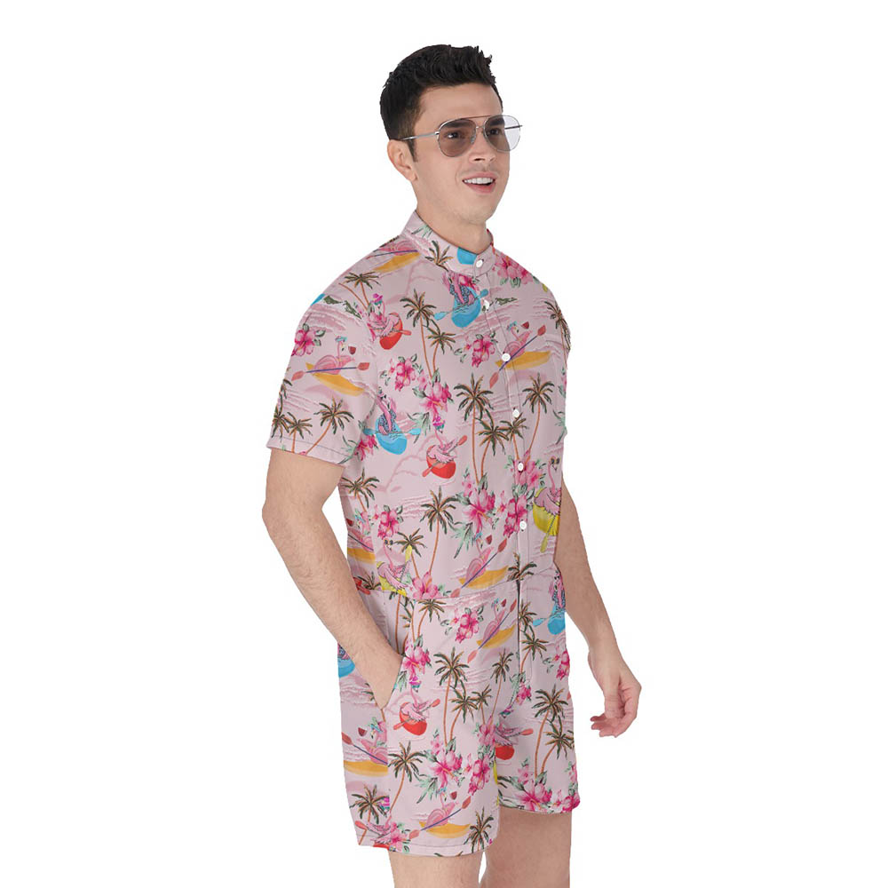 Funny Flamingo Kayaking Tropical Hibiscus Pink Hawaiian Romper For Men