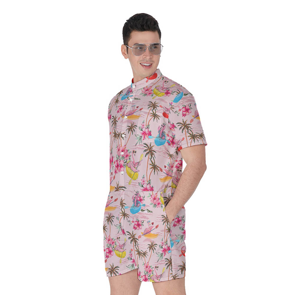 Funny Flamingo Kayaking Tropical Hibiscus Pink Hawaiian Romper For Men