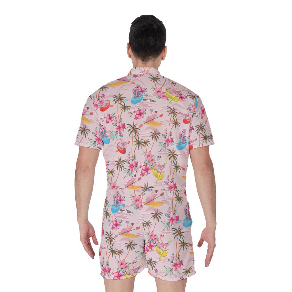Funny Flamingo Kayaking Tropical Hibiscus Pink Hawaiian Romper For Men