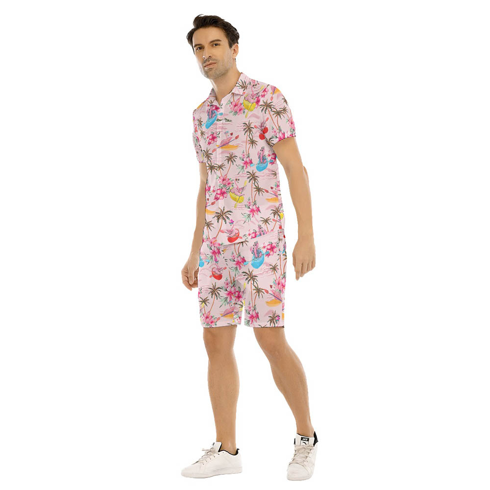 Set Tropical Flamingo Kayaking Hibiscus Hawaiian Shirt And Matching Shorts For Men