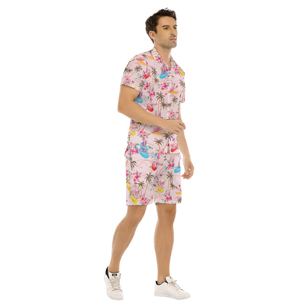 Set Tropical Flamingo Kayaking Hibiscus Hawaiian Shirt And Matching Shorts For Men