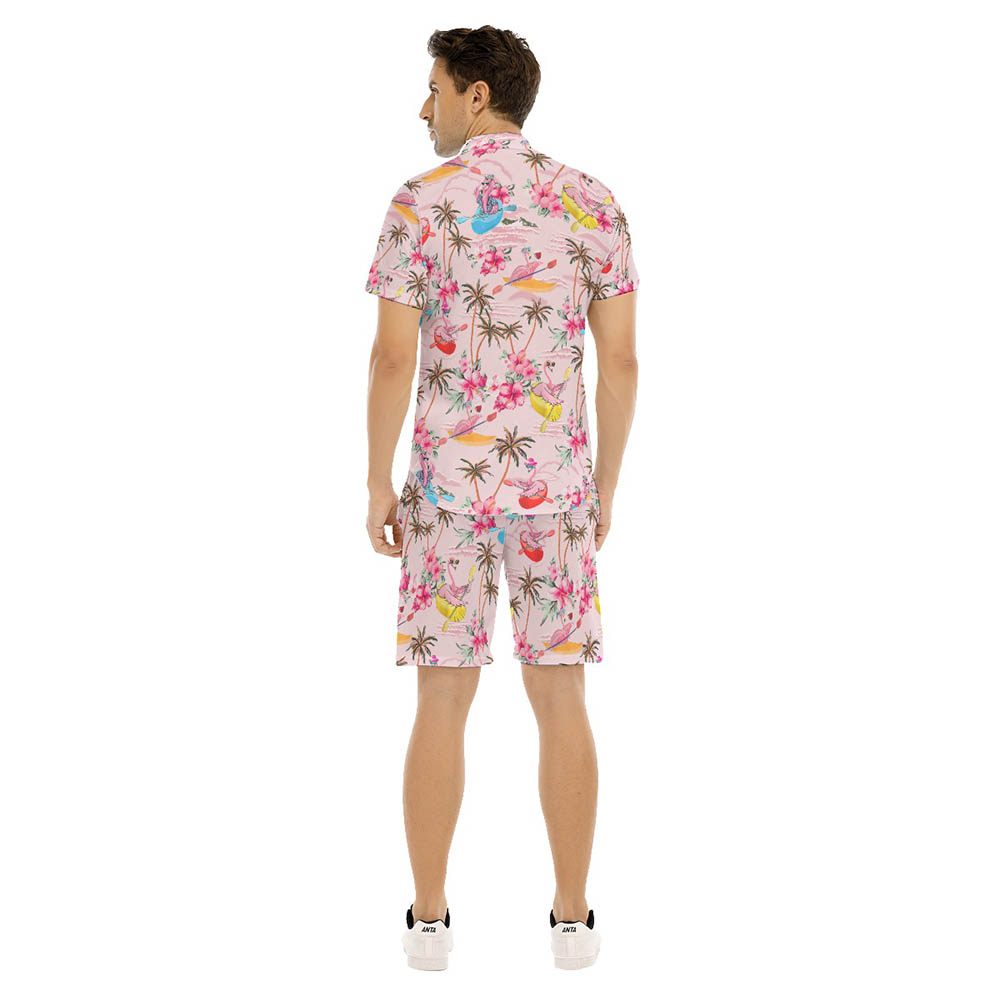 Set Tropical Flamingo Kayaking Hibiscus Hawaiian Shirt And Matching Shorts For Men