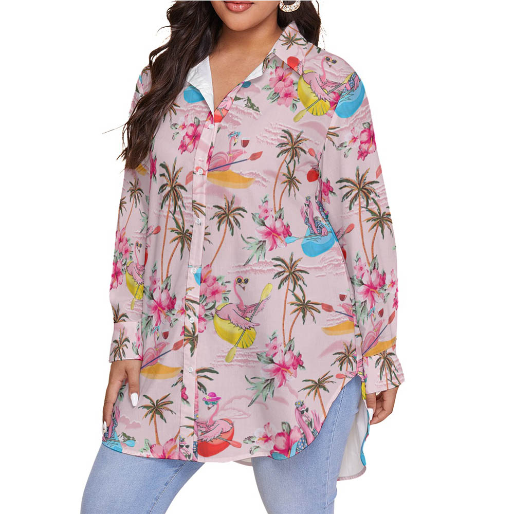 Funny Flamingo Kayaking Floral Pink Hawaiian Plus Size Shirt For Women