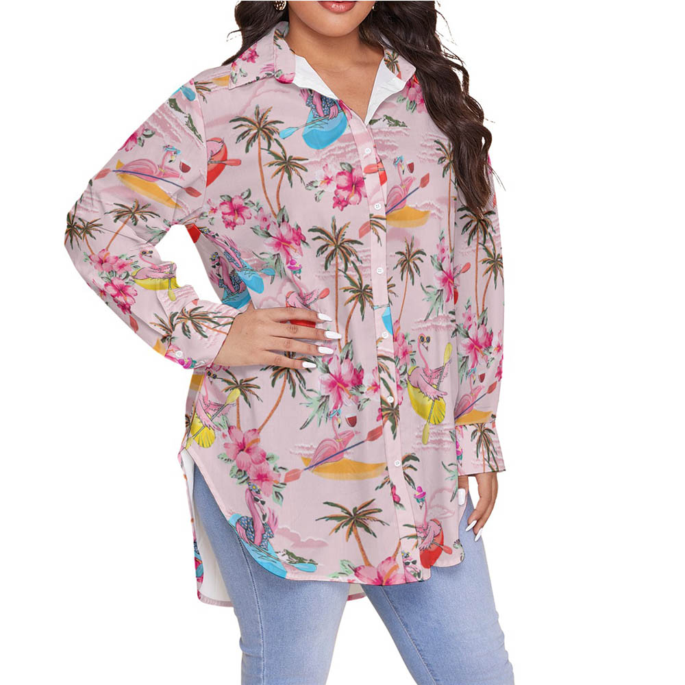 Funny Flamingo Kayaking Floral Pink Hawaiian Plus Size Shirt For Women
