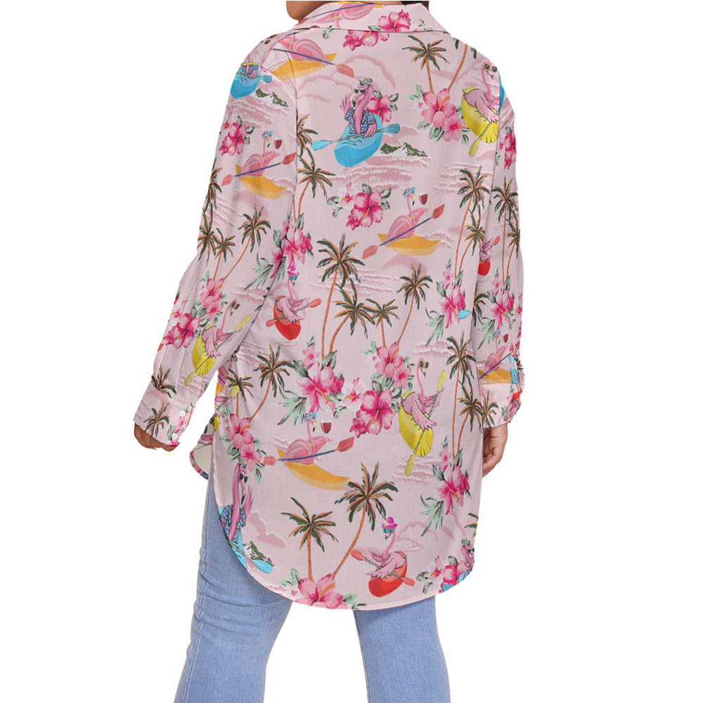 Funny Flamingo Kayaking Floral Pink Hawaiian Plus Size Shirt For Women