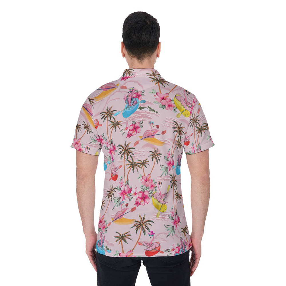 Tropical Hibiscus Flamingo Kayaking Hawaiian Polo Shirt For Men