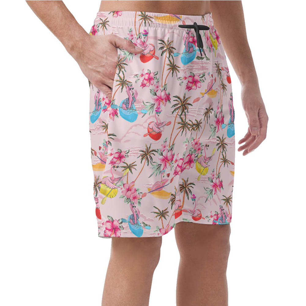 Tropical Hibiscus Flamingo Kayaking Hawaiian Beach Shorts For Men