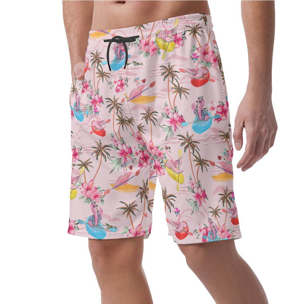 Tropical Hibiscus Flamingo Kayaking Hawaiian Beach Shorts For Men