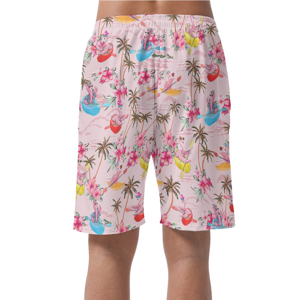 Tropical Hibiscus Flamingo Kayaking Hawaiian Beach Shorts For Men