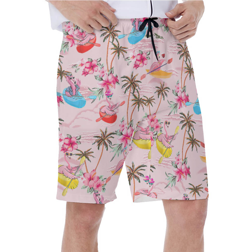 Funny Flamingo Kayaking  Tropical Hibiscus Pink Hawaiian Swimwear For Men