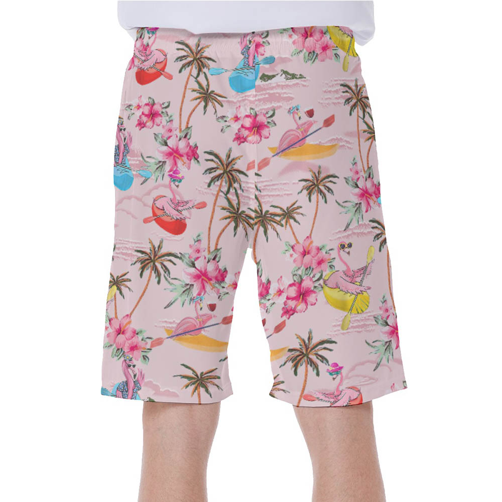 Funny Flamingo Kayaking  Tropical Hibiscus Pink Hawaiian Swimwear For Men