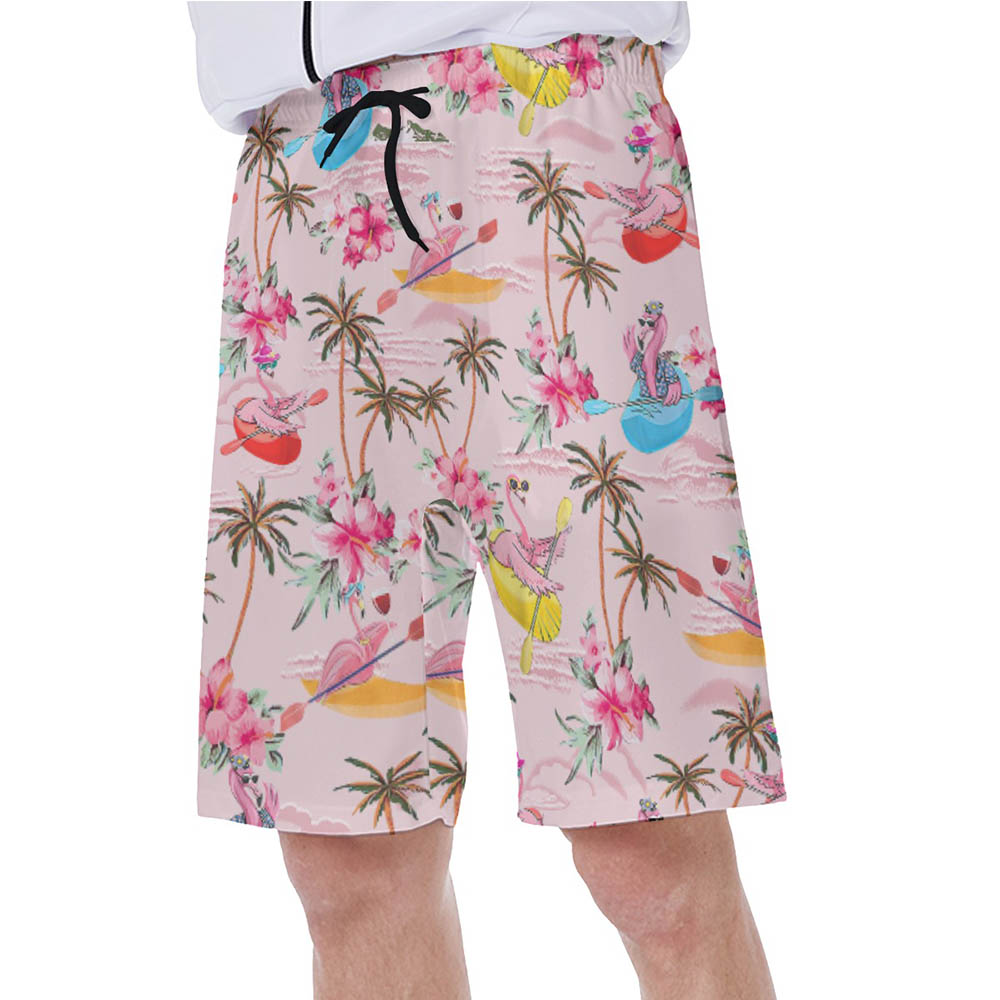 Funny Flamingo Kayaking  Tropical Hibiscus Pink Hawaiian Swimwear For Men
