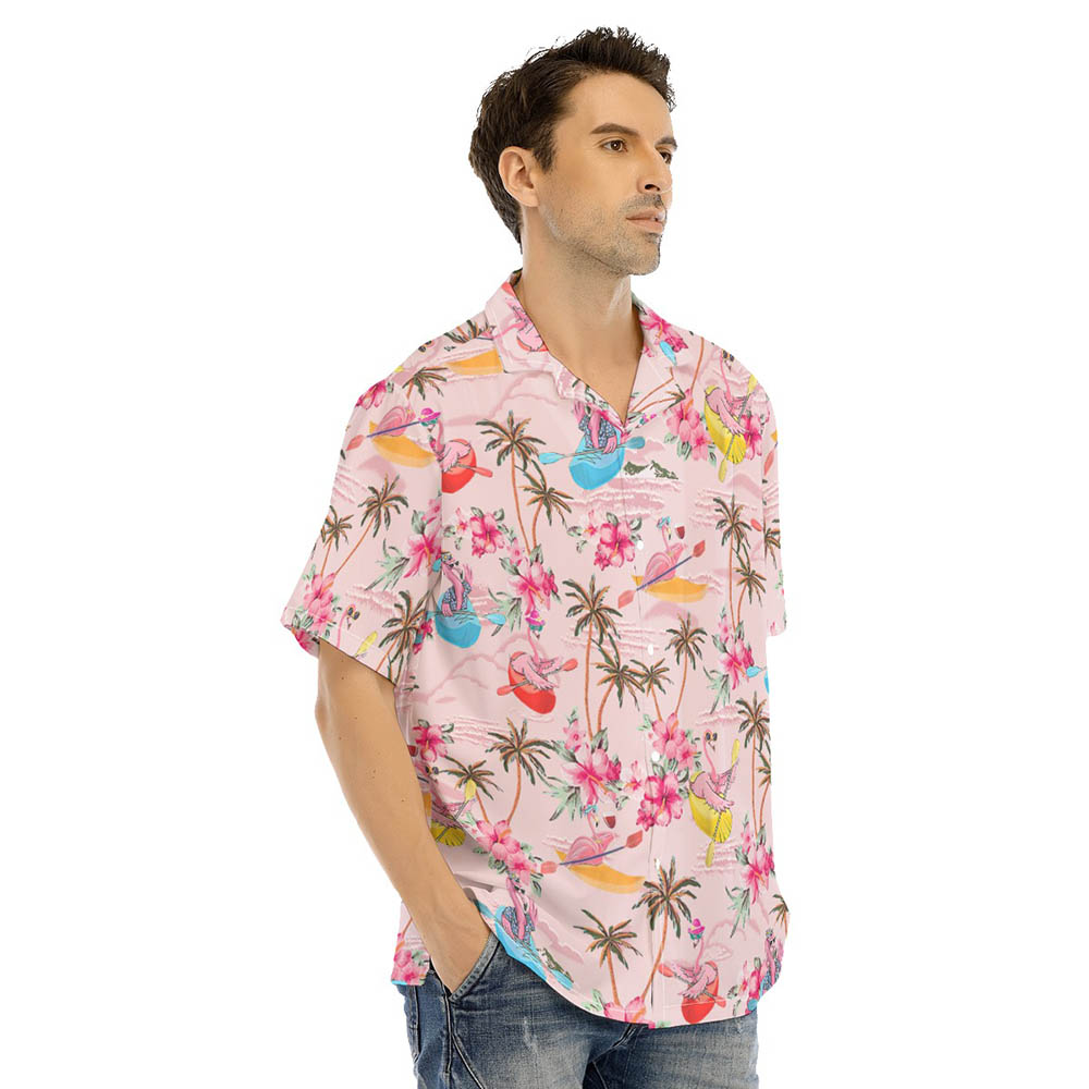 Funny Flamingo Kayaking Tropical Hibiscus Pink Hawaiian Shirt