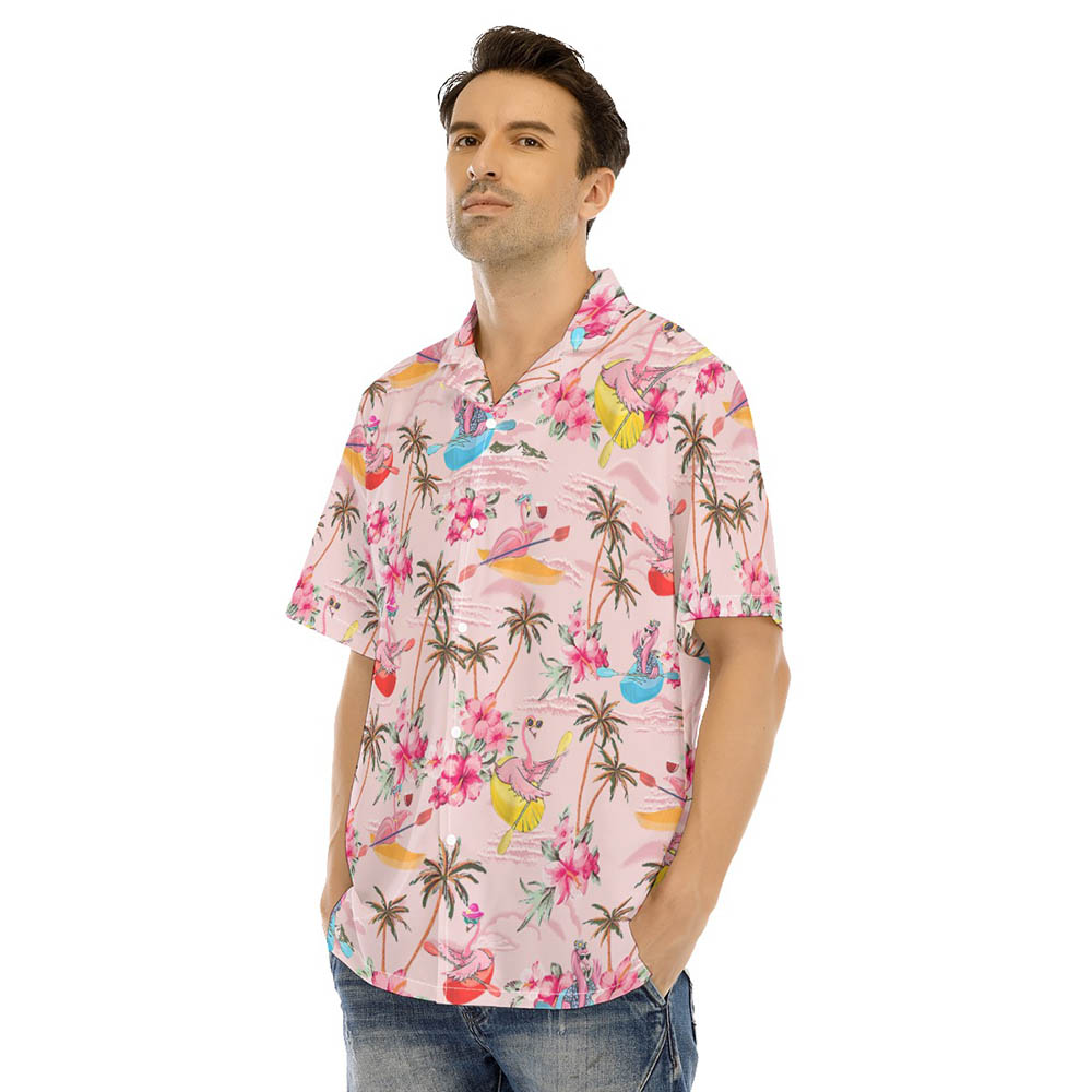 Funny Flamingo Kayaking Tropical Hibiscus Pink Hawaiian Shirt