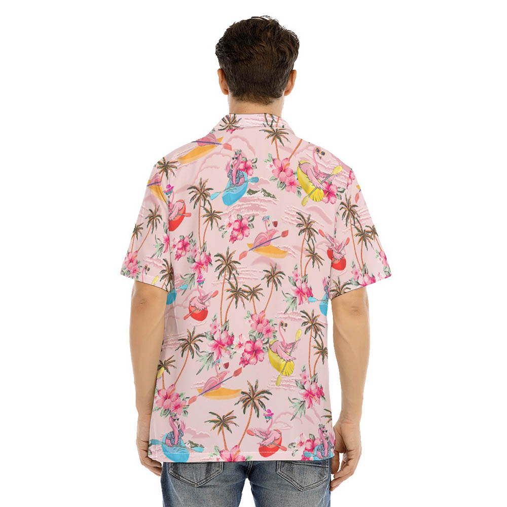 Funny Flamingo Kayaking Tropical Hibiscus Pink Hawaiian Shirt