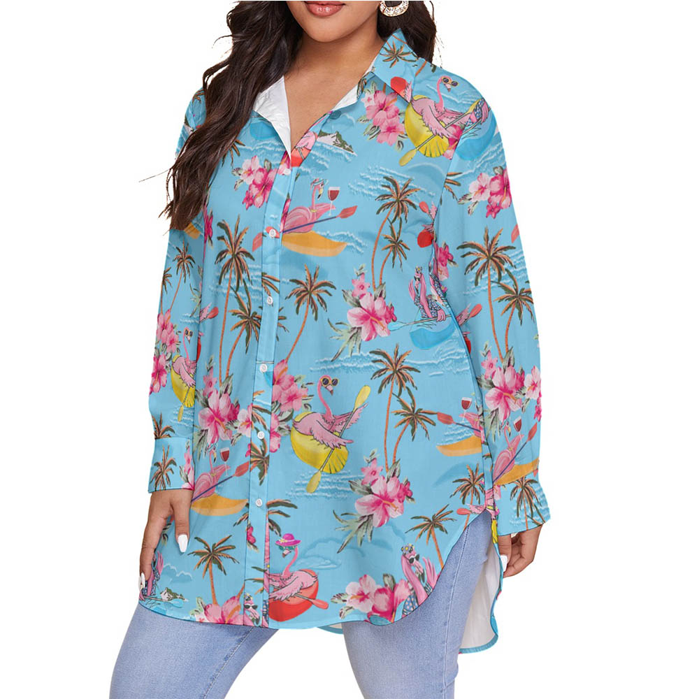 Tropical Kayaking Flamingo Hawaiian Blouse Shirt For Women