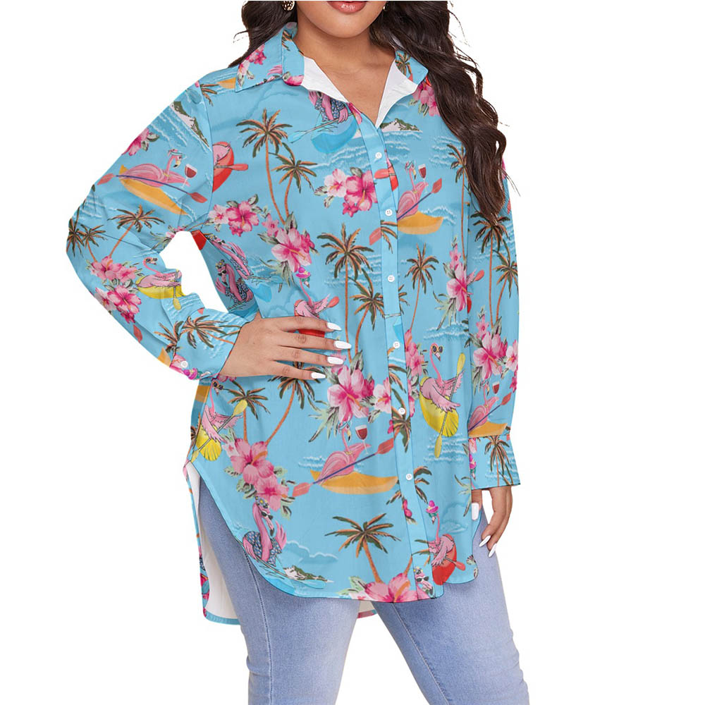 Tropical Kayaking Flamingo Hawaiian Blouse Shirt For Women