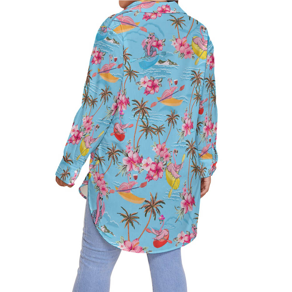 Tropical Kayaking Flamingo Hawaiian Blouse Shirt For Women
