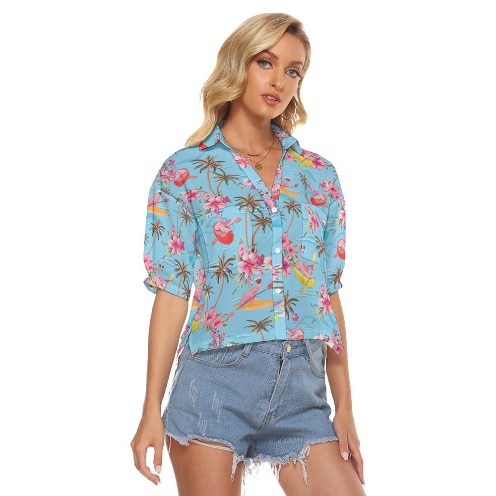 Funny Flamingo Kayaking Tropical Blue Hawaiian Crop Top Shirt For Women