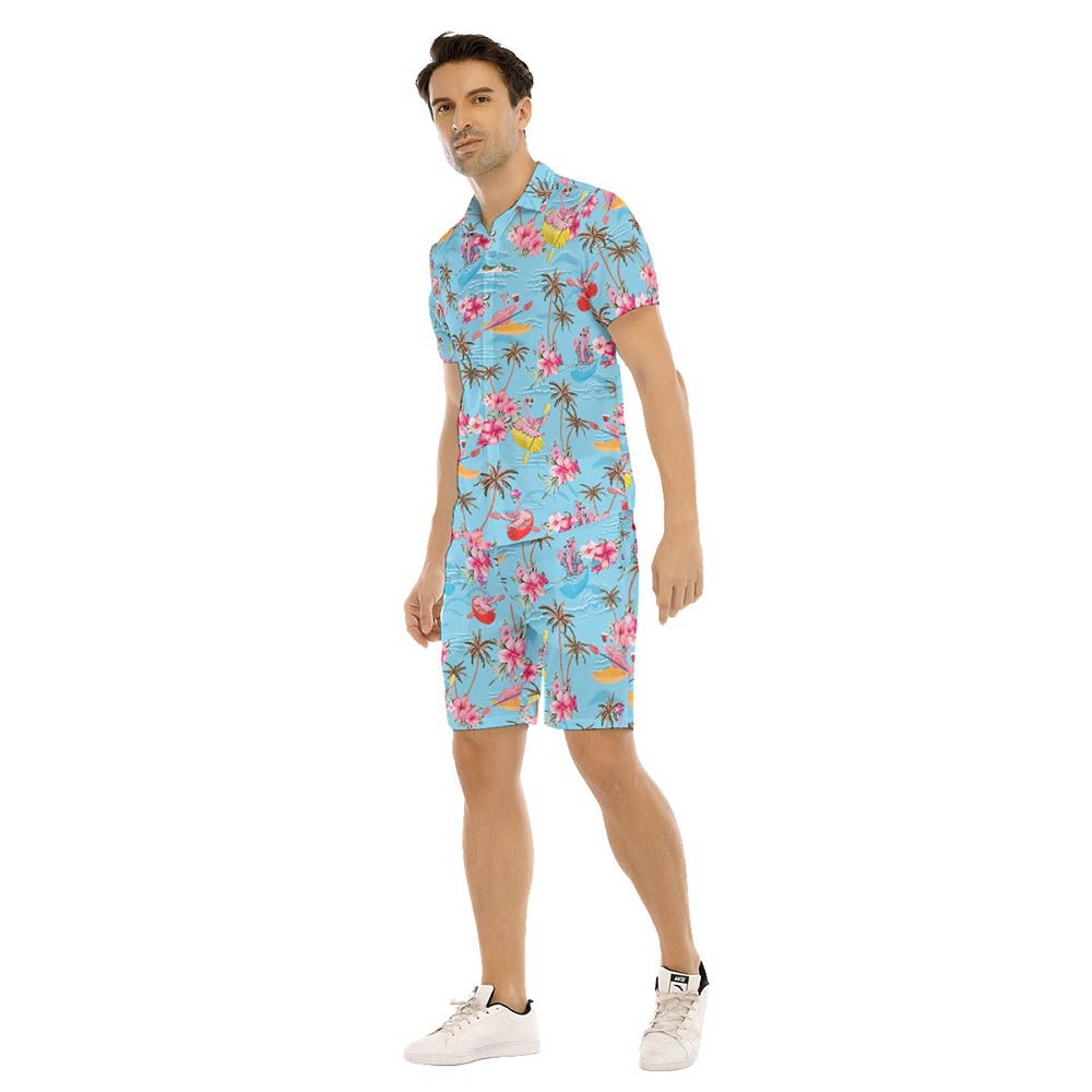 Set Flamingo Kayaking Coconut Trees Floral Hawaiian Shirt And Matching Shorts