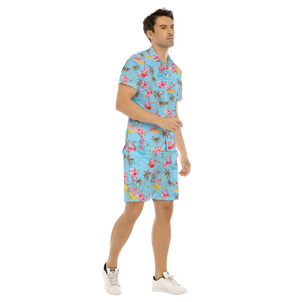 Set Flamingo Kayaking Coconut Trees Floral Hawaiian Shirt And Matching Shorts