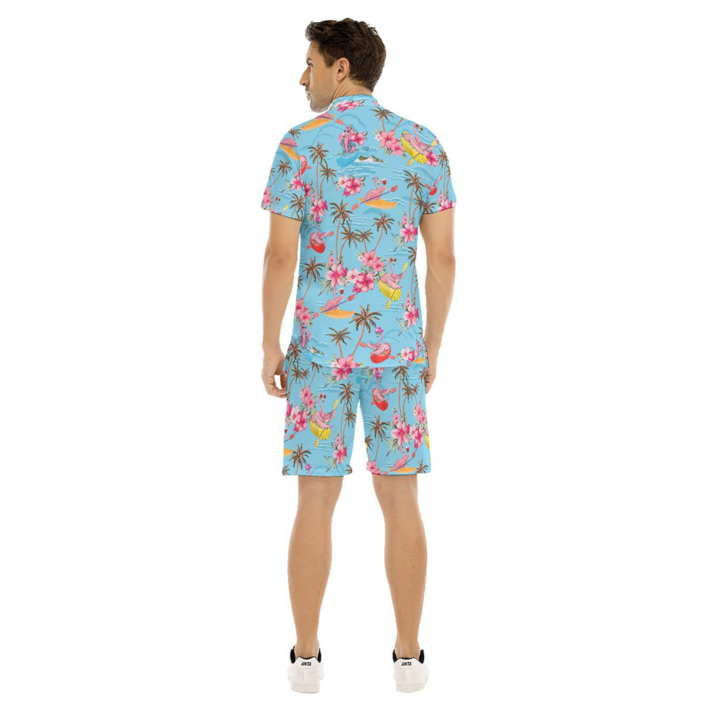 Set Flamingo Kayaking Coconut Trees Floral Hawaiian Shirt And Matching Shorts