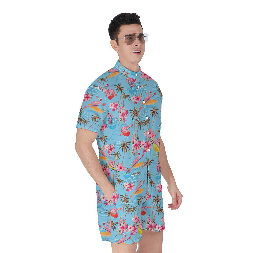 Tropical Flamingo Kayaking Blue Hawaiian Romper For Men