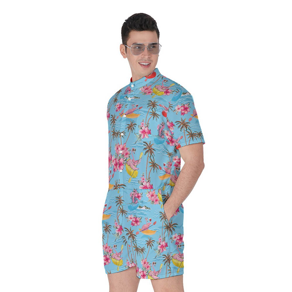 Tropical Flamingo Kayaking Blue Hawaiian Romper For Men
