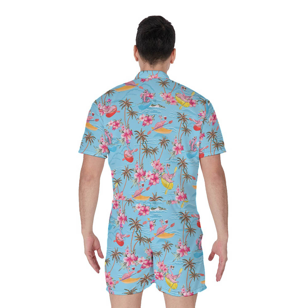 Tropical Flamingo Kayaking Blue Hawaiian Romper For Men