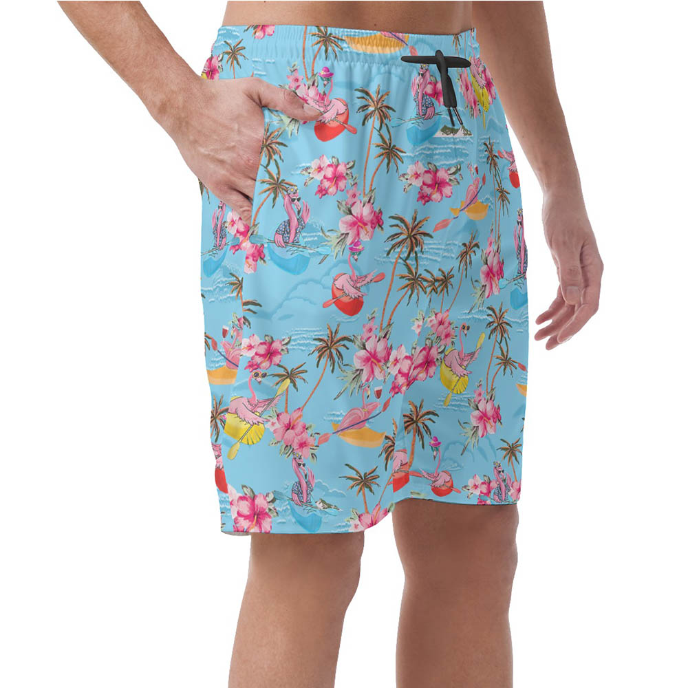 Tropical Flamingo Kayaking Blue Hawaiian Beach Shorts For Men