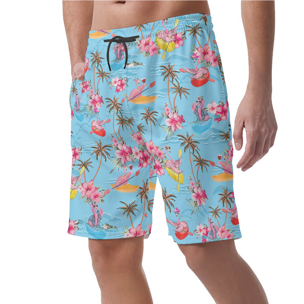 Tropical Flamingo Kayaking Blue Hawaiian Beach Shorts For Men