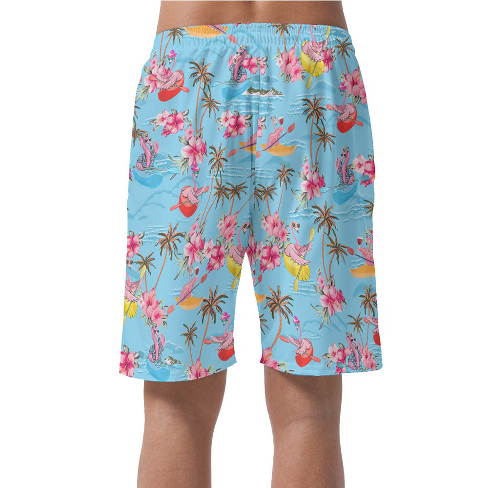 Tropical Flamingo Kayaking Blue Hawaiian Beach Shorts For Men