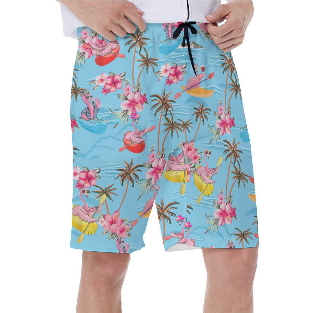 Funny Flamingo Kayaking Tropical Blue Hawaiian Swim Trunks For Men