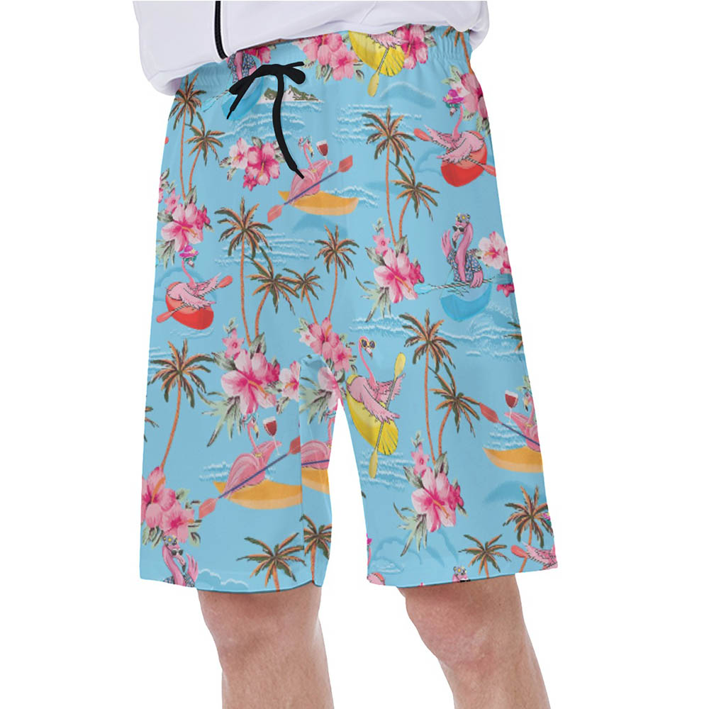 Funny Flamingo Kayaking Tropical Blue Hawaiian Swim Trunks For Men