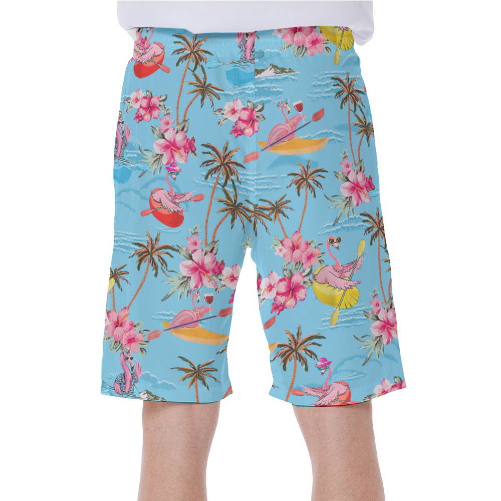 Funny Flamingo Kayaking Tropical Blue Hawaiian Swim Trunks For Men