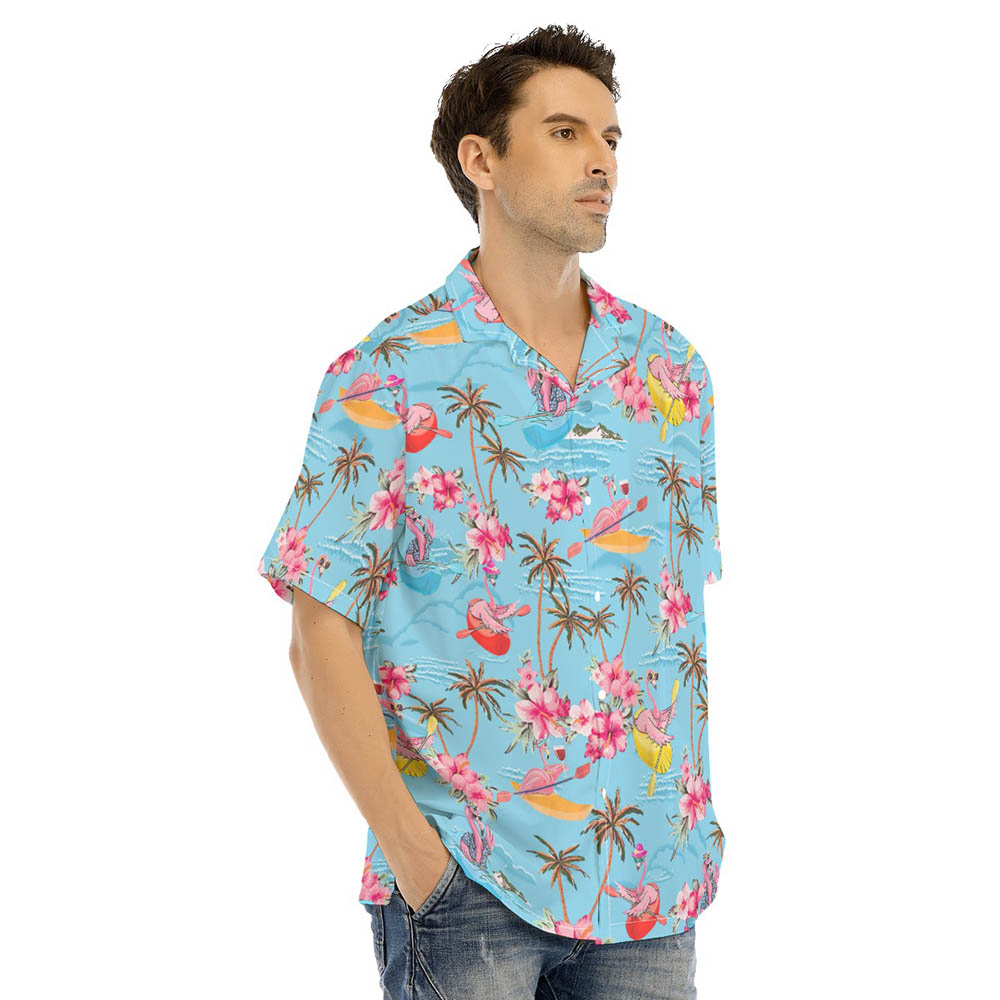 Kayaking Flamingo Palm Trees Blue Hawaiian Shirt